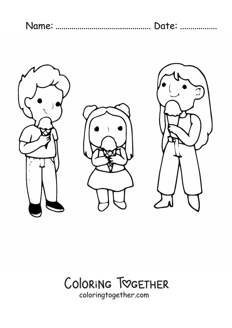Coloring page of a family eating ice cream