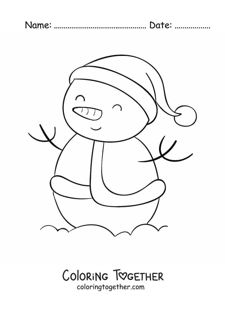 Coloring page of a snowman in a Santa costume