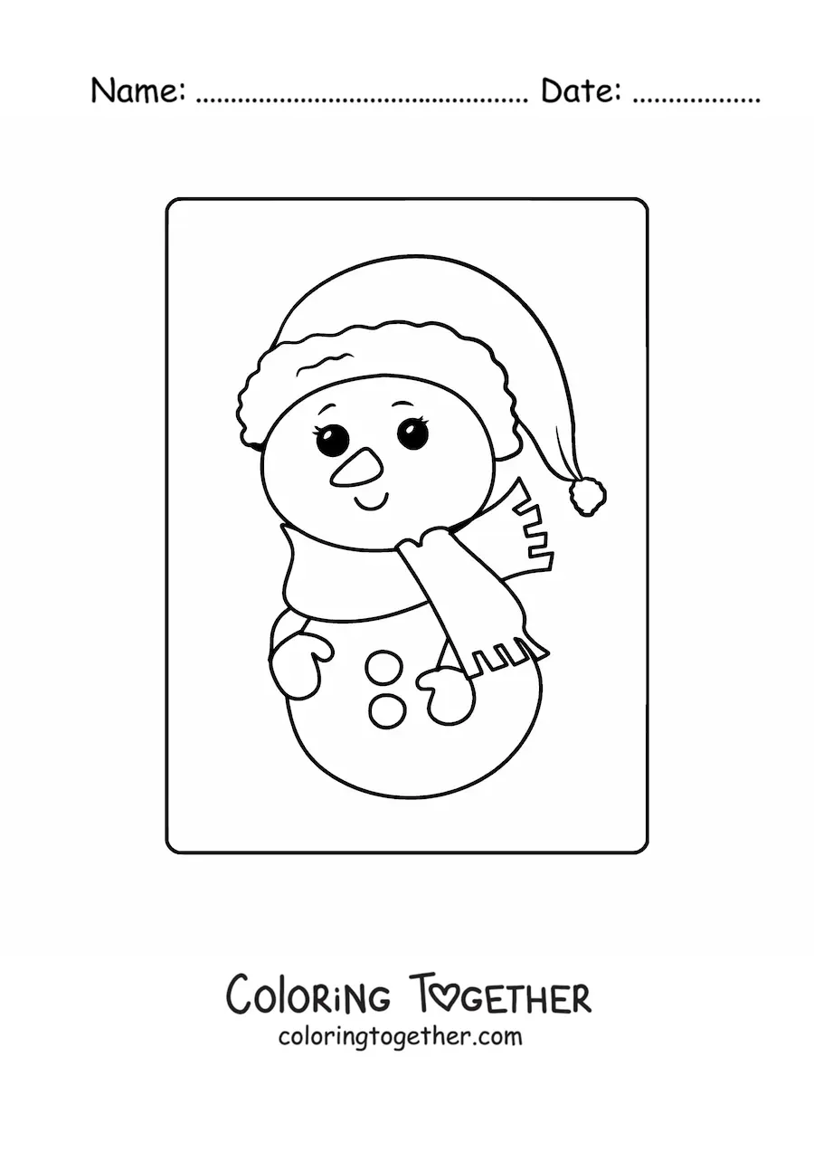 Coloring page of a kawaii snowman with a hat