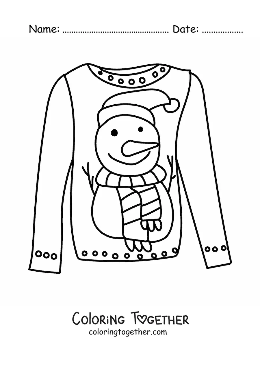 Coloring page of a sweater with a snowman print