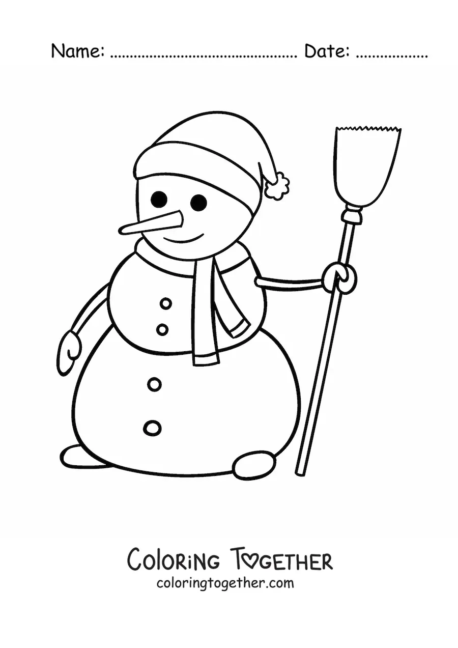 Coloring page of a big cartoon snowman with a broom