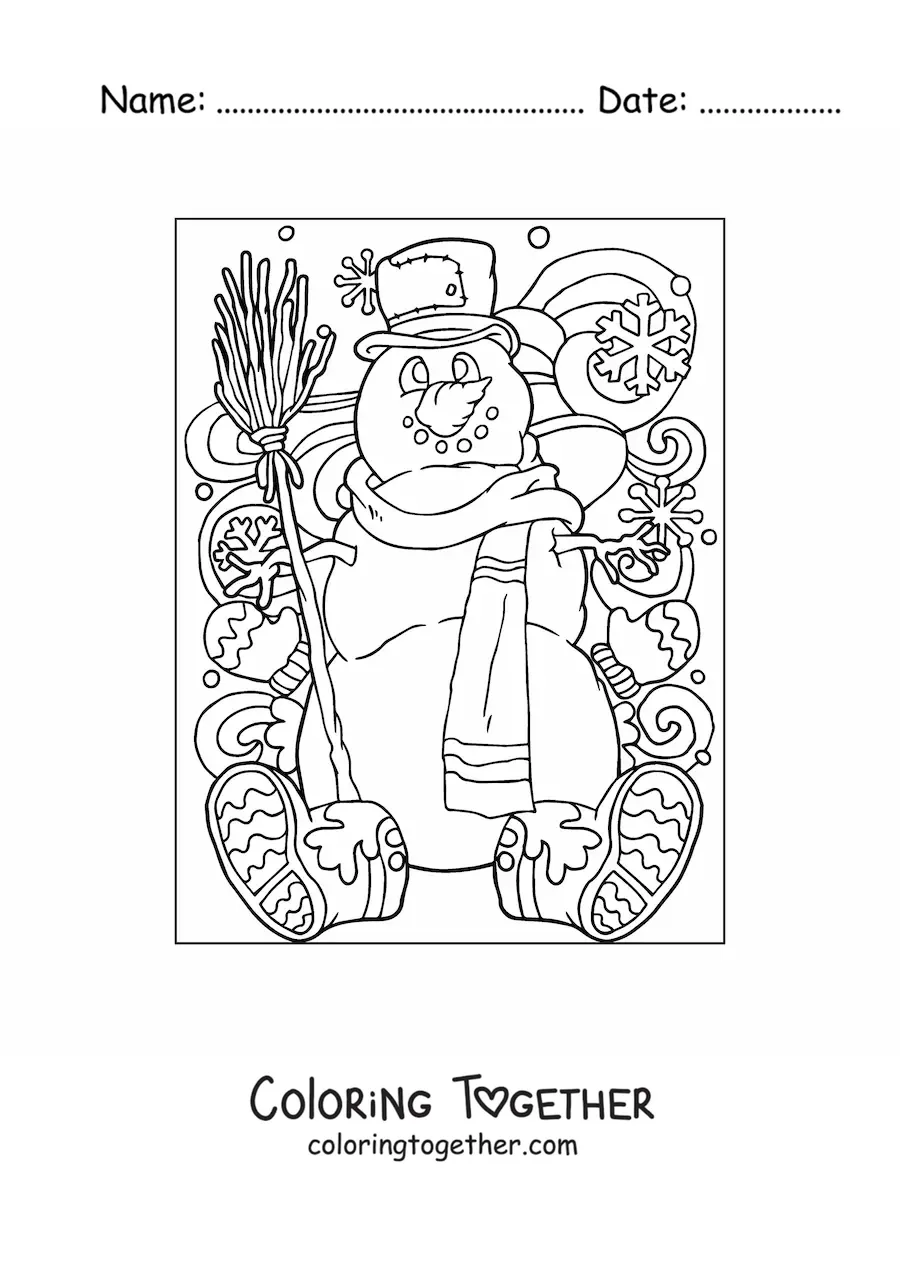 Coloring page of a snowman with a hat and a broom