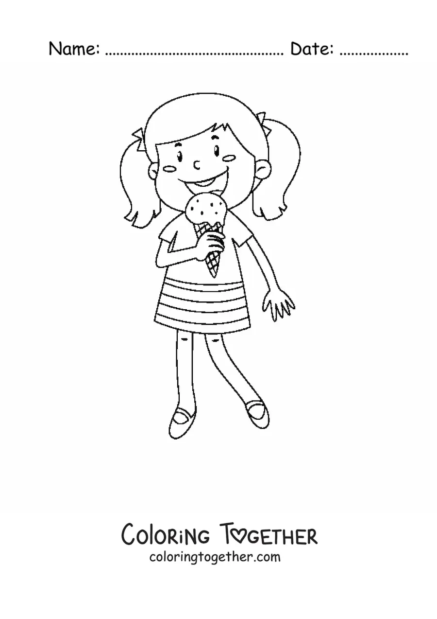 Coloring page of a girl eating an ice cream cone
