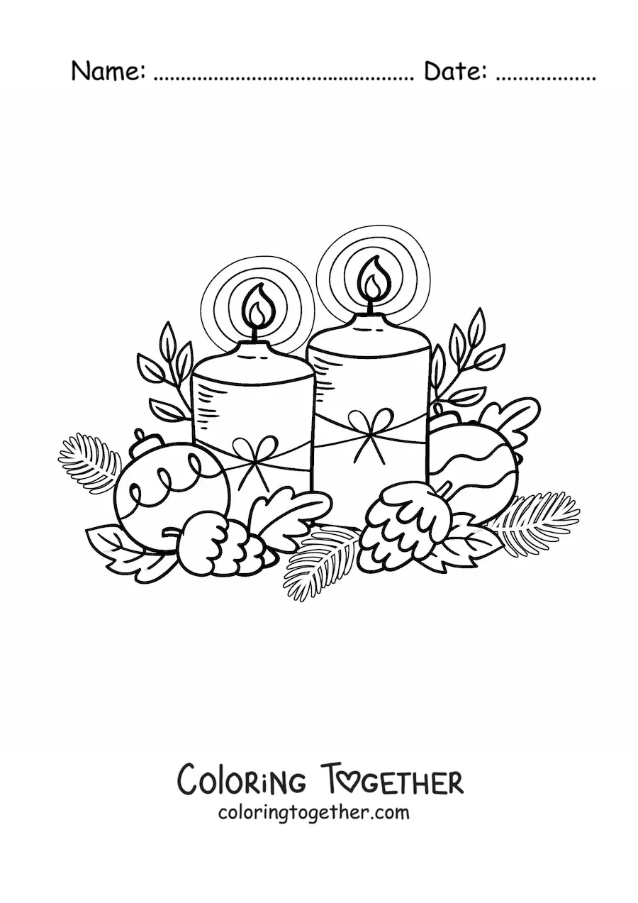 Coloring page of Christmas candles decorated with baubles