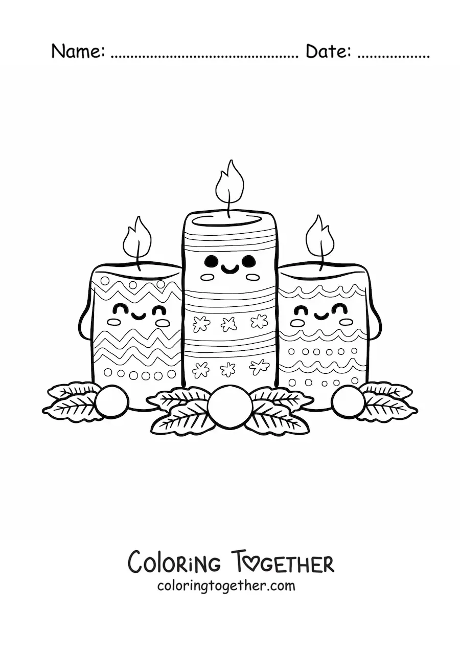 Coloring page of kawaii cartoon Christmas candles with festive motifs