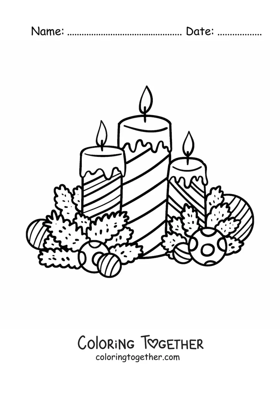 Coloring page of Christmas candles with baubles and ornaments