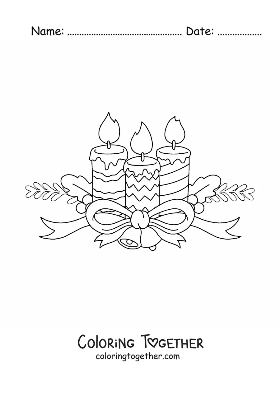 Coloring page of Christmas candles with motifs and bells