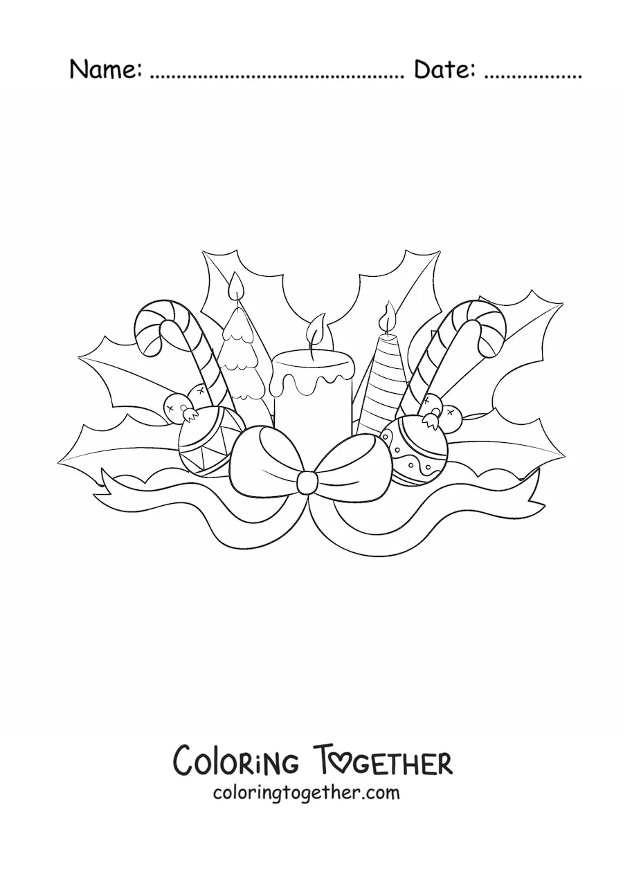 Coloring page of a Christmas candle with candy canes and baubles