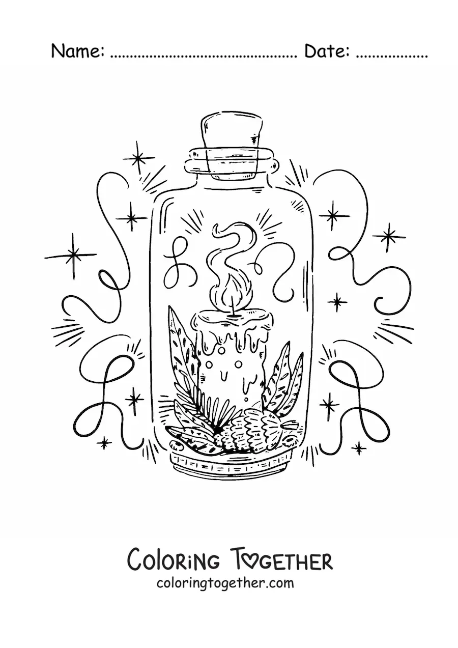 Coloring page of a lit Christmas candle with a pinecone
