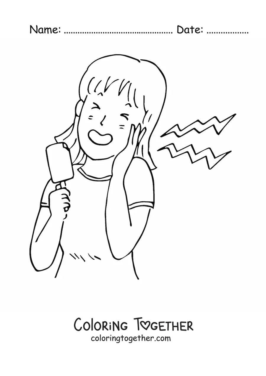 Coloring page of a girl eating an ice cream popsicle