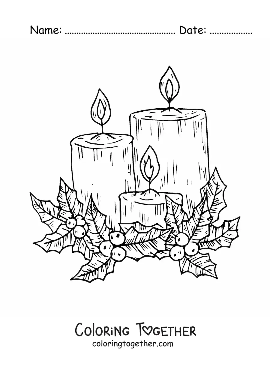 Coloring page of three realistic lit Christmas candles