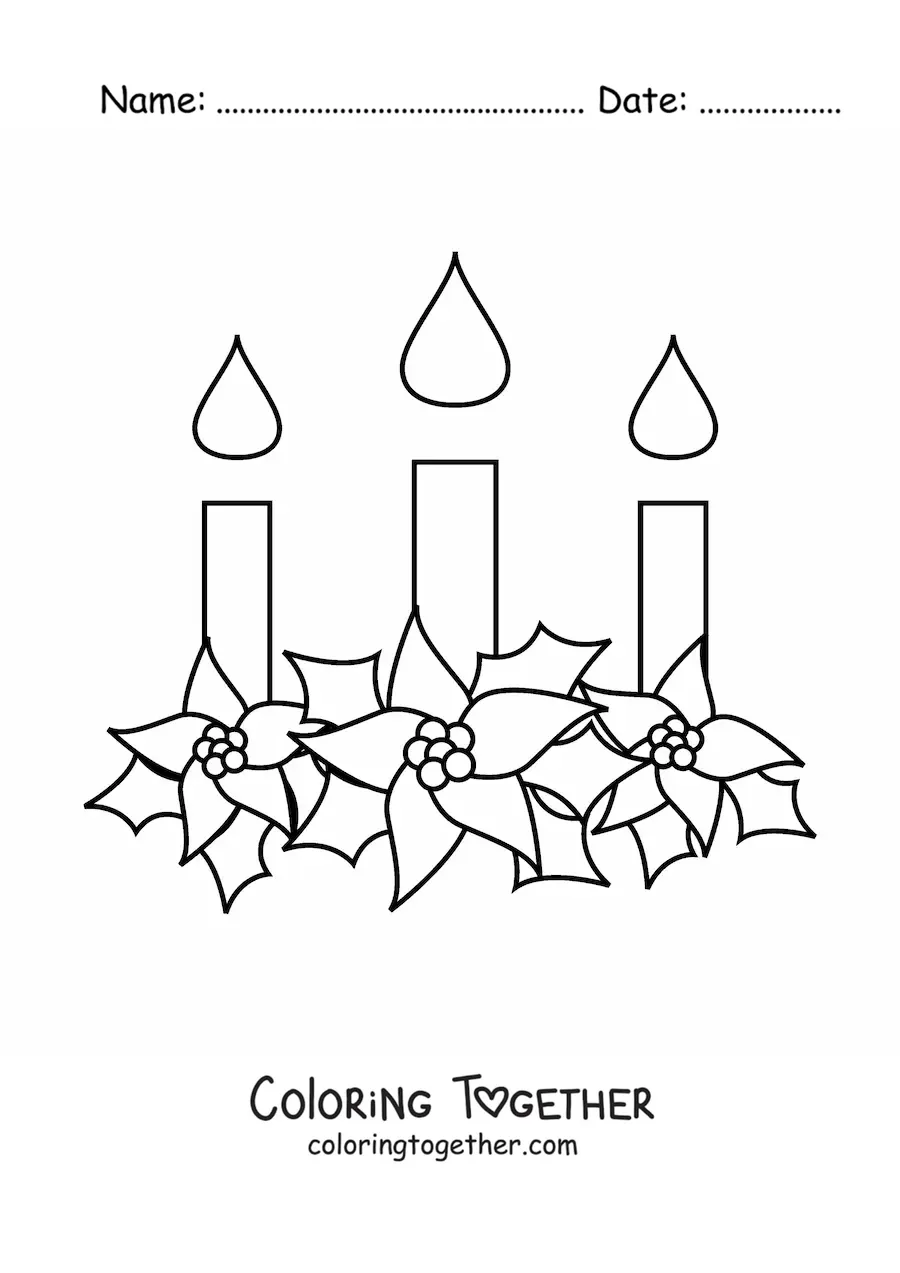 Coloring page of three Christmas candles with flowers
