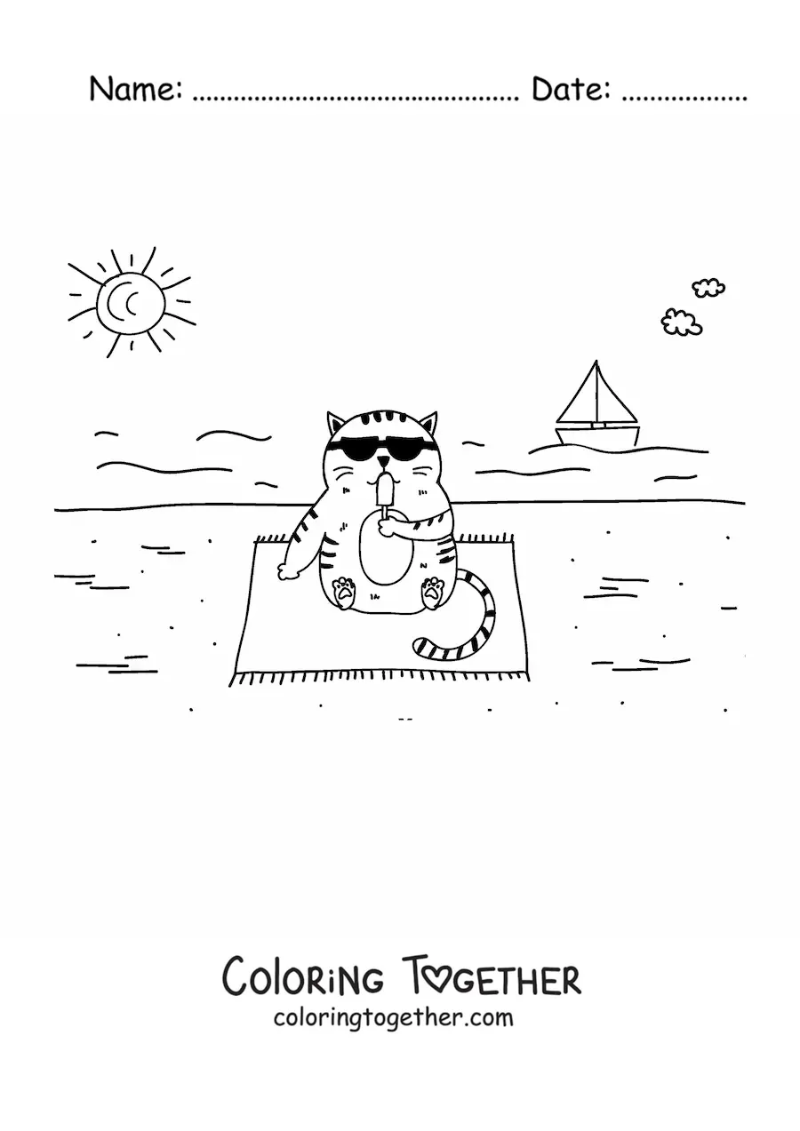 Coloring page of a cartoon cat sitting and eating ice cream at the beach