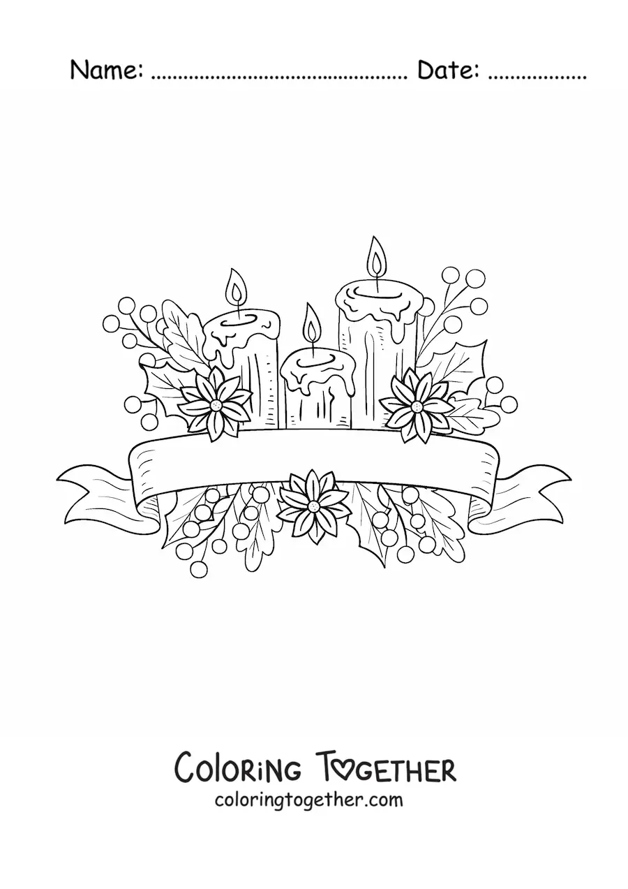 Coloring page of Christmas candles with leaves and flowers