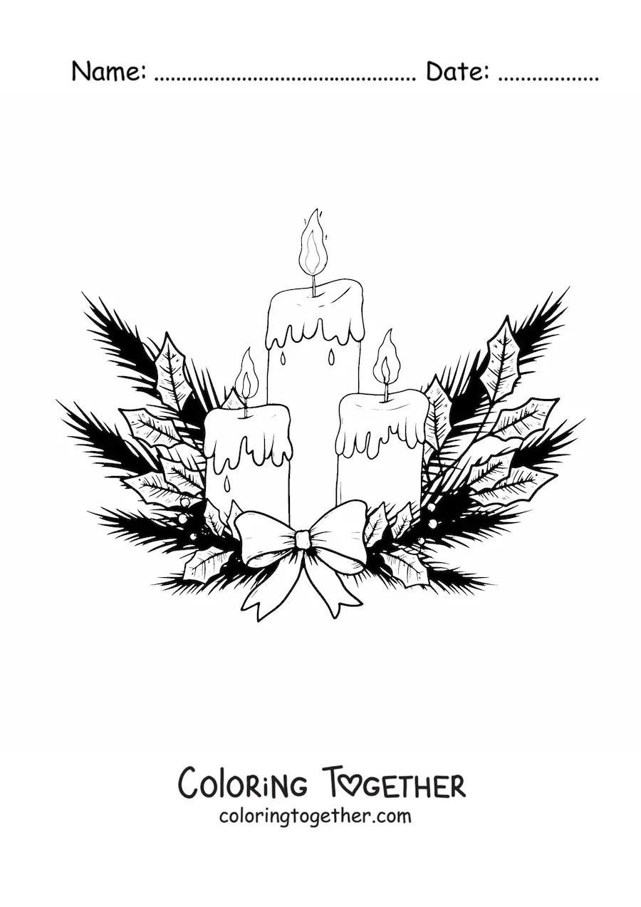 Coloring page of Christmas candles with pine branches
