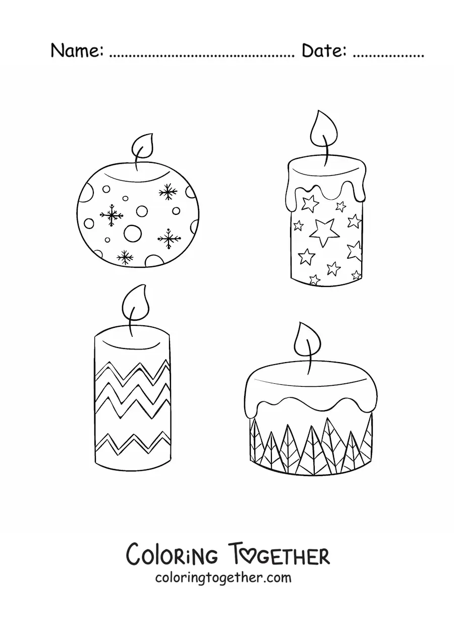 Coloring page of Christmas candles decorated with festive motifs