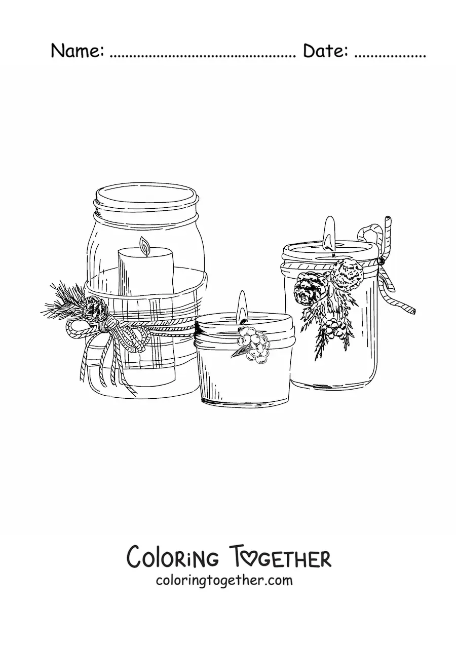 Coloring page of realistic Christmas candles in jars