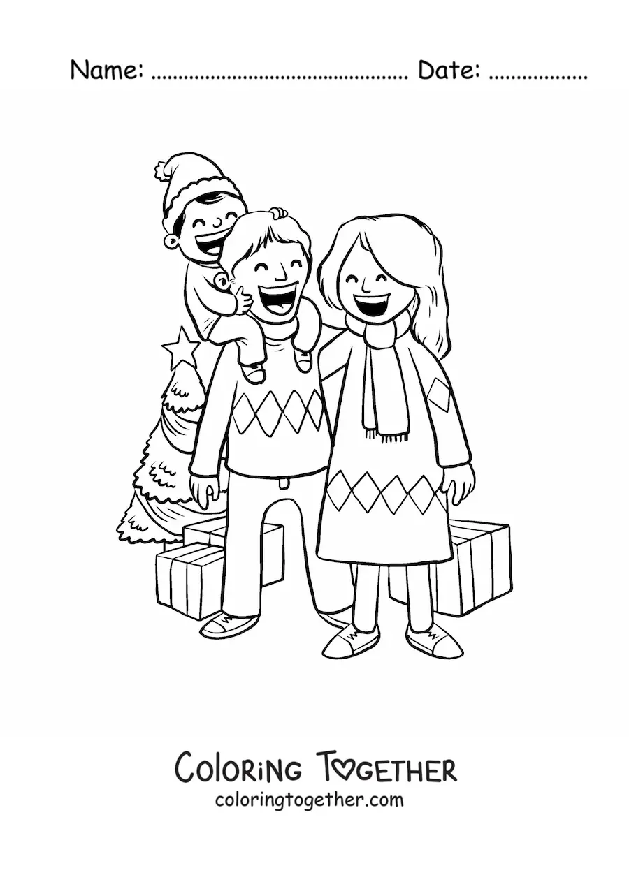 Coloring page of a family with a boy celebrating Christmas by the little tree