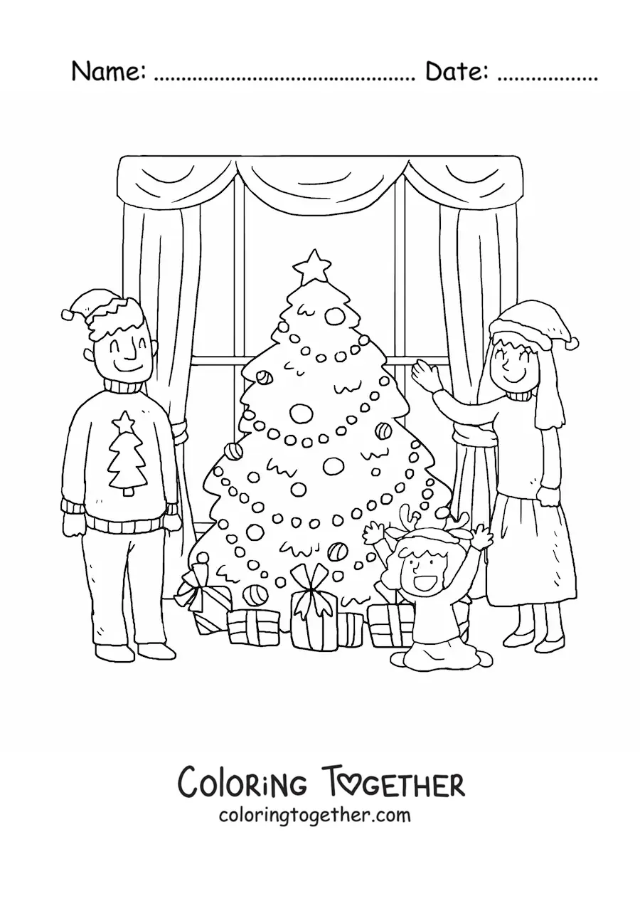 Coloring page of a family with a girl celebrating Christmas at home by the little tree