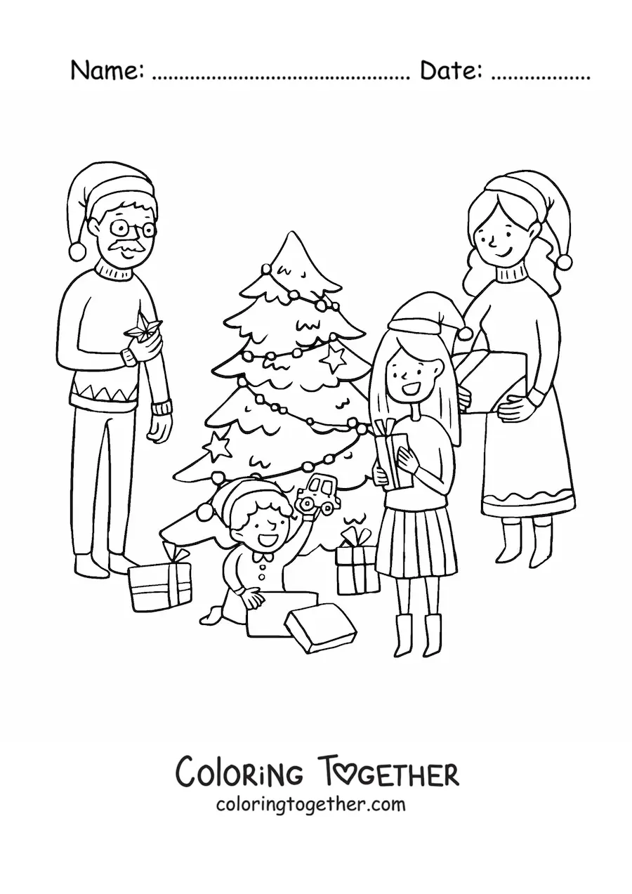 Coloring page of a family with children opening gifts at Christmas