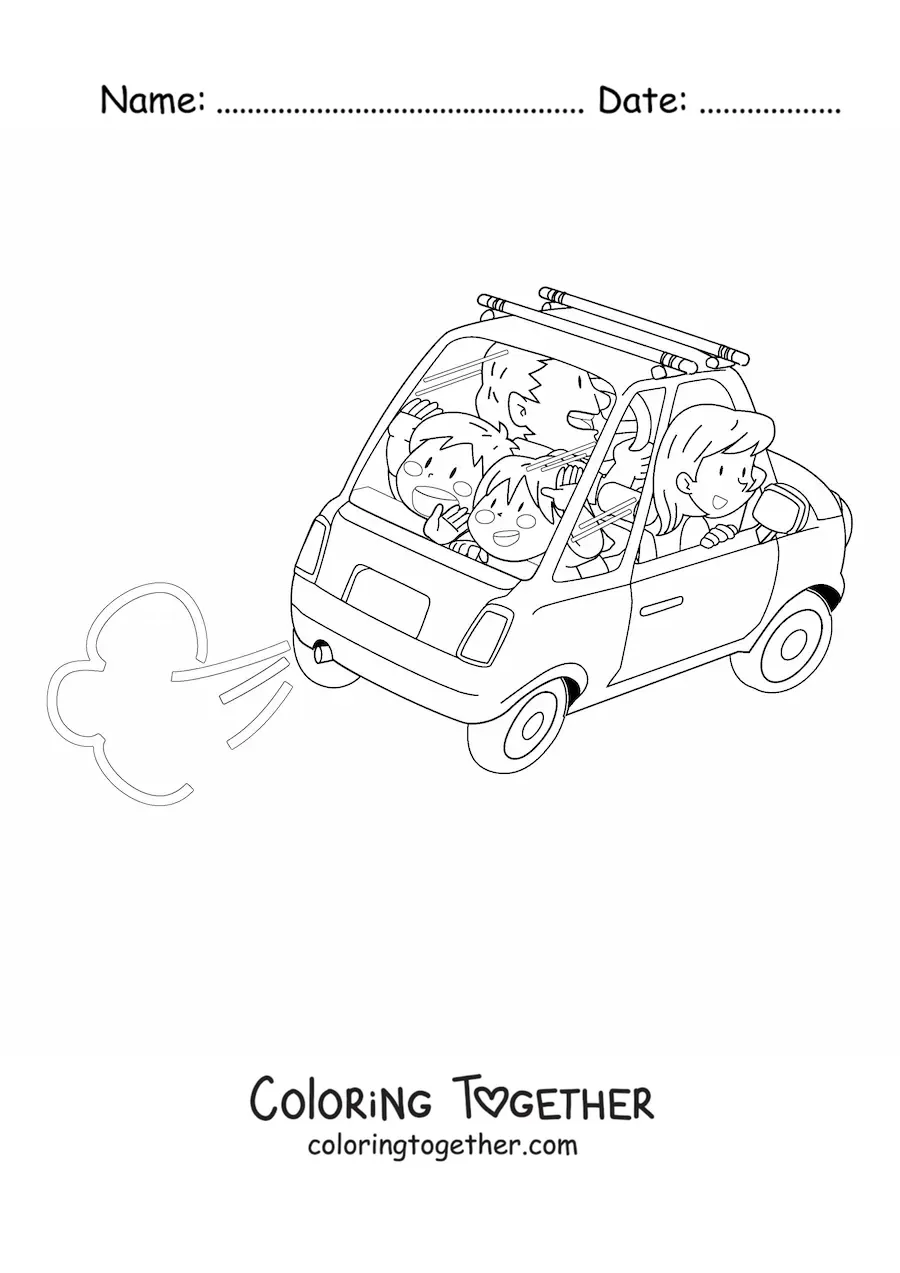 Coloring page of an animated family in a car