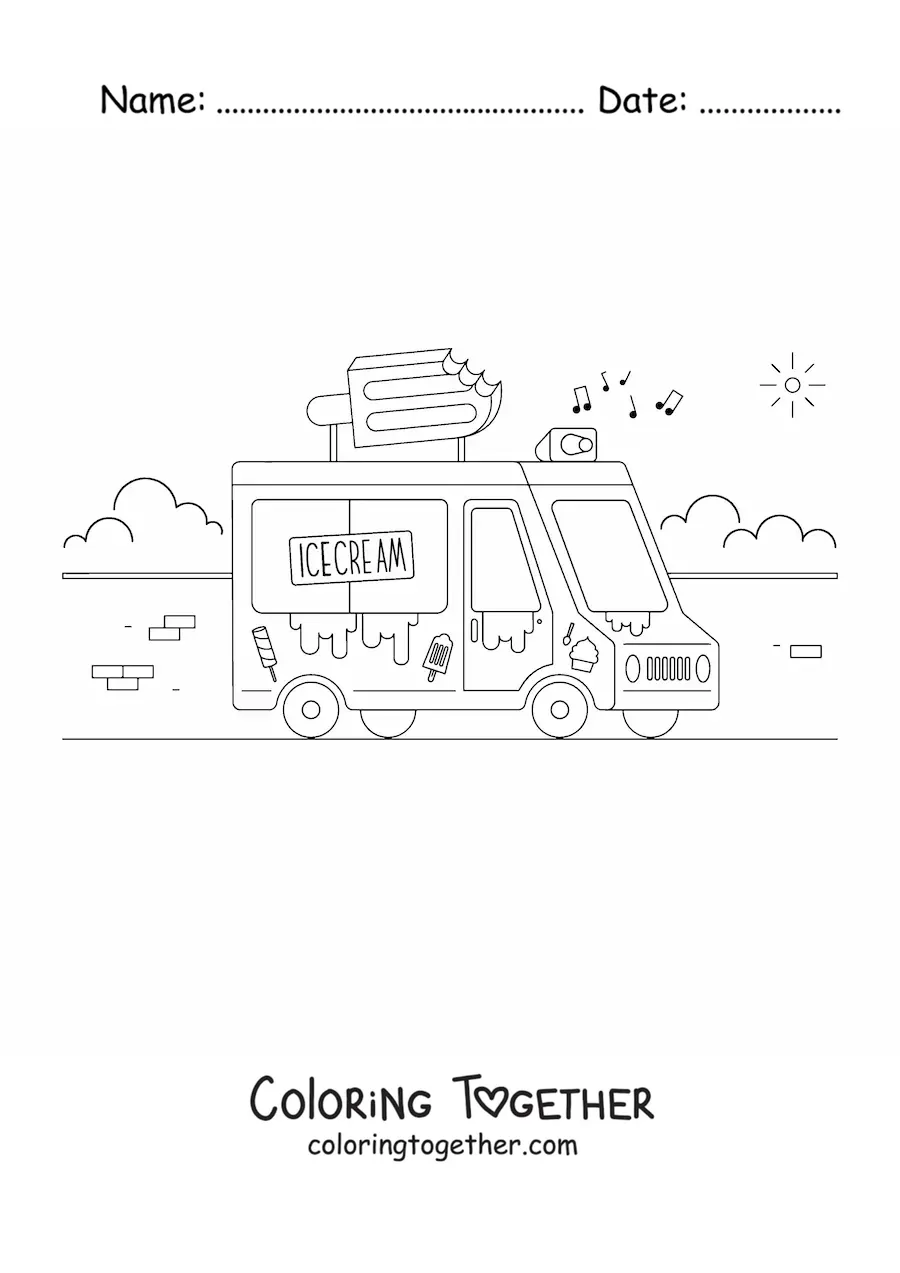 Coloring page of an ice cream truck