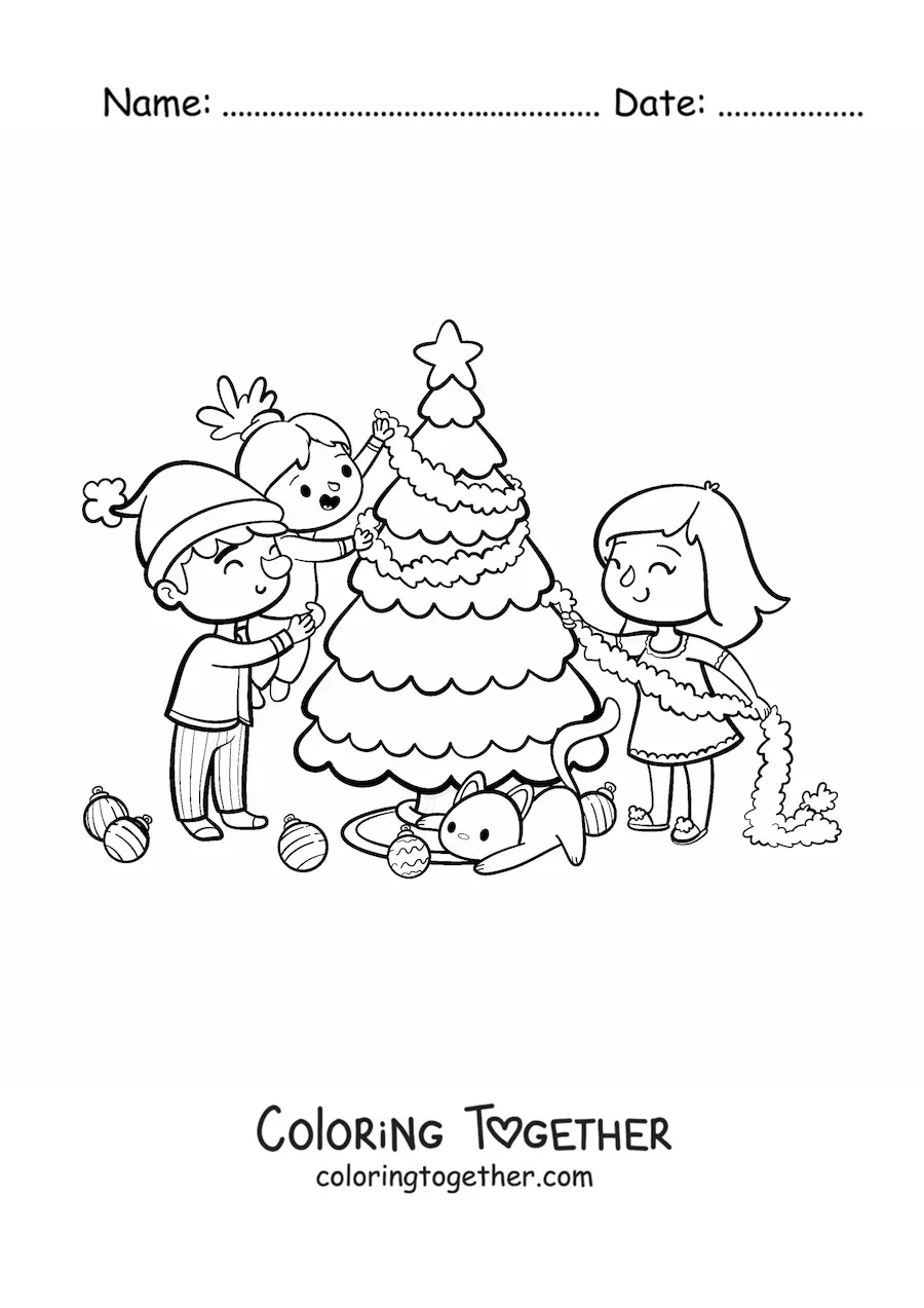 Coloring page of a kawaii family with a cat decorating the Christmas tree