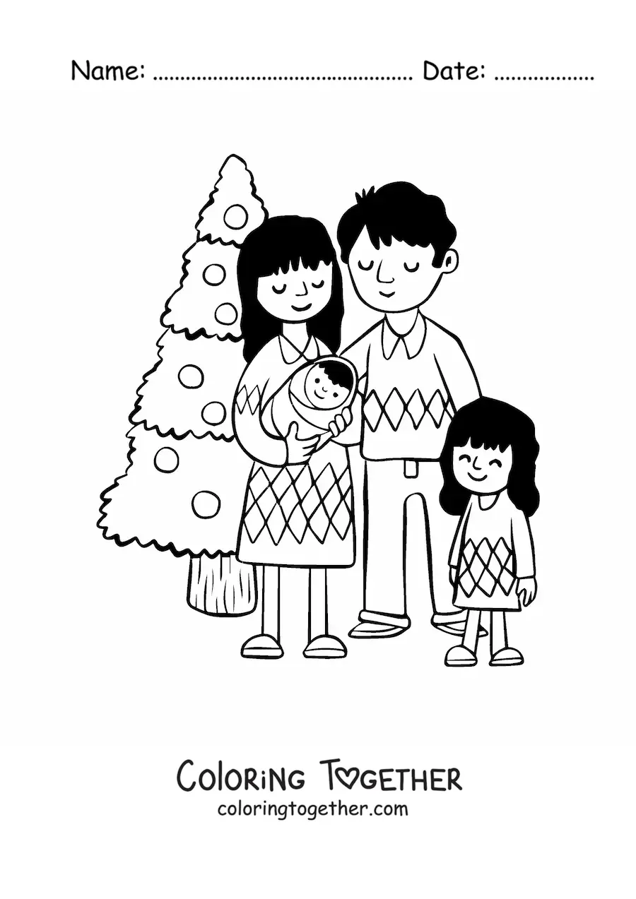 Coloring page of a family with a baby by the Christmas tree