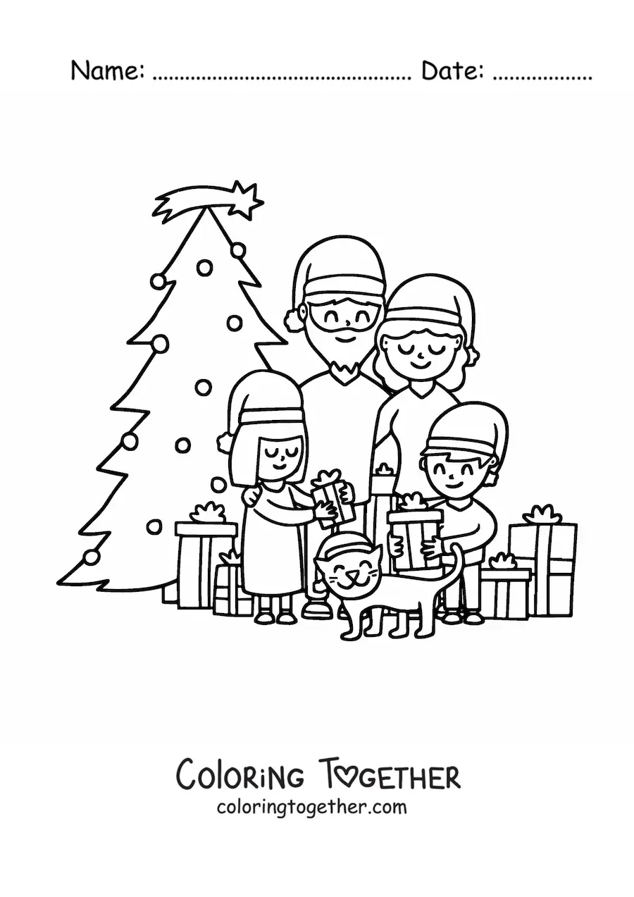 Coloring page of a family of 4 with a cat by the Christmas tree
