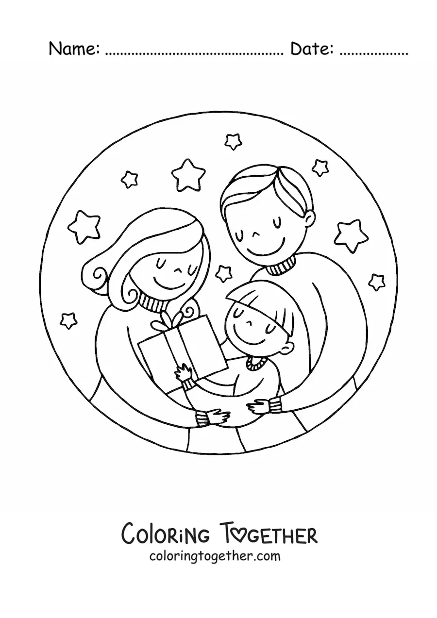 Coloring page of a family of 3 at Christmas with a gift