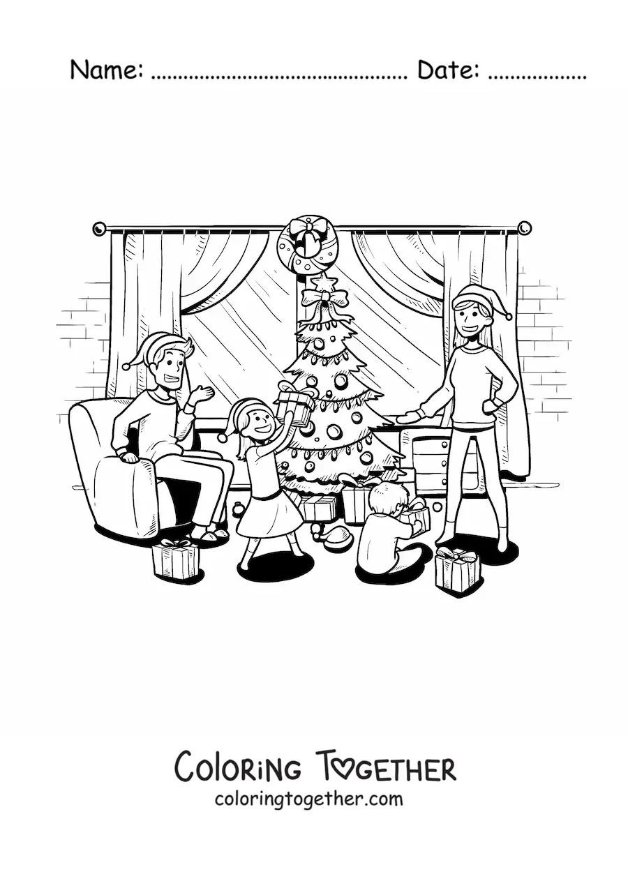 Coloring page of a family opening gifts at Christmas at home