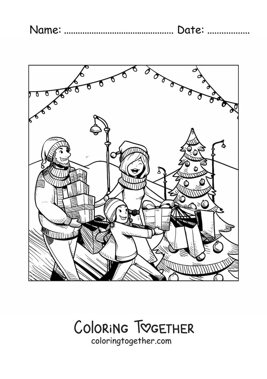Coloring page of a family doing the Christmas shopping