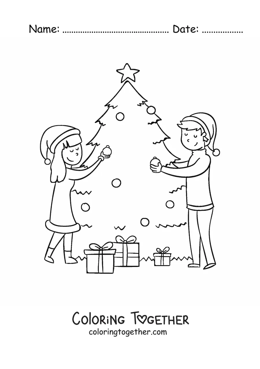 Coloring page of a couple decorating the Christmas tree