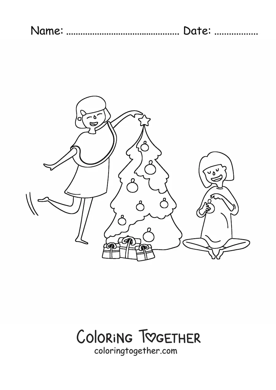 Coloring page of two girls decorating the Christmas tree