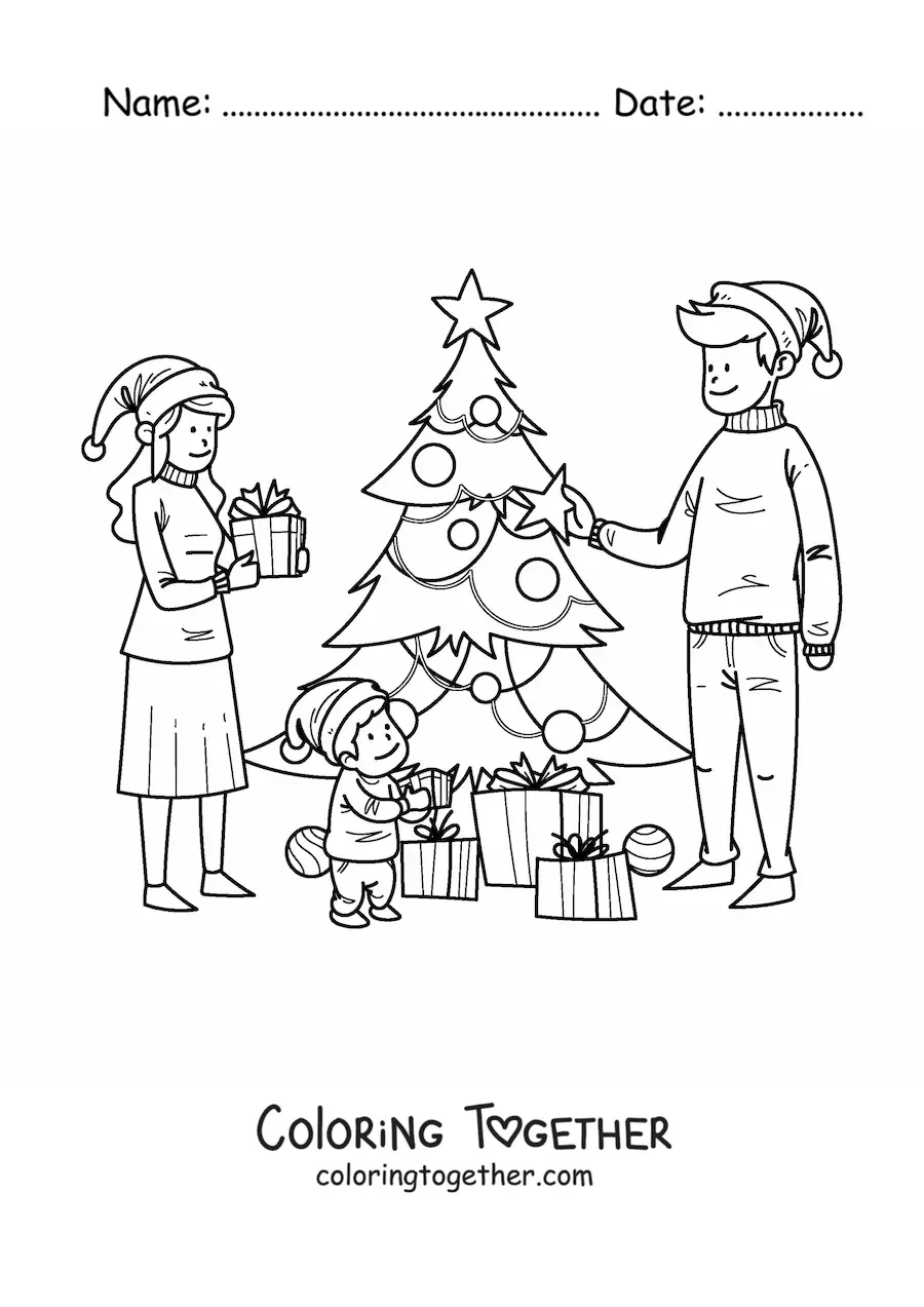 Coloring page of a family on Christmas morning with gifts by the little tree
