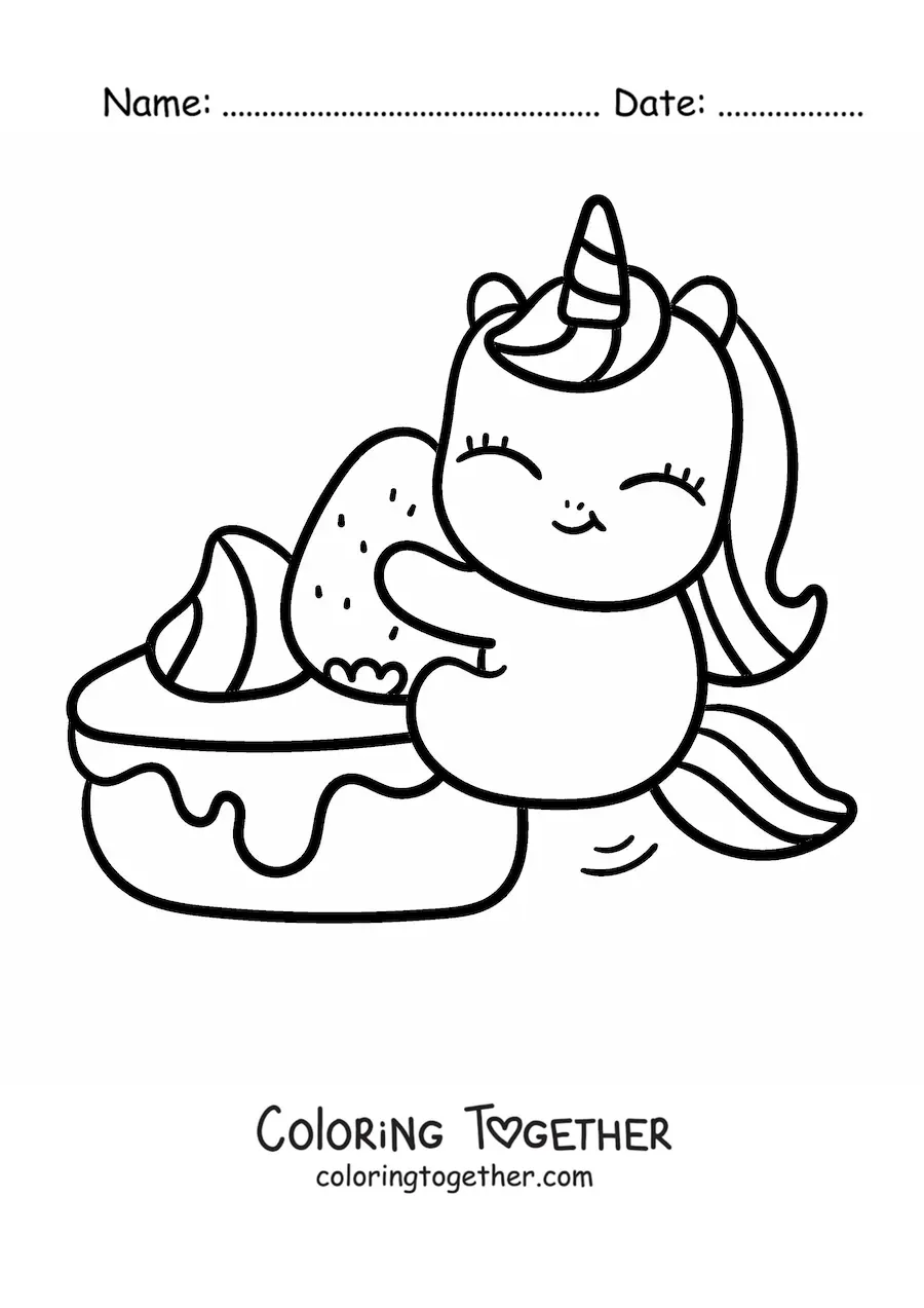 Coloring page of a kawaii cartoon unicorn with a strawberry cake