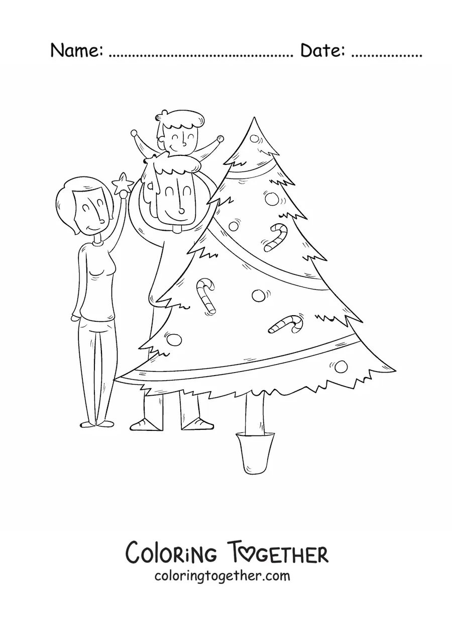 Coloring page of a family decorating the Christmas tree