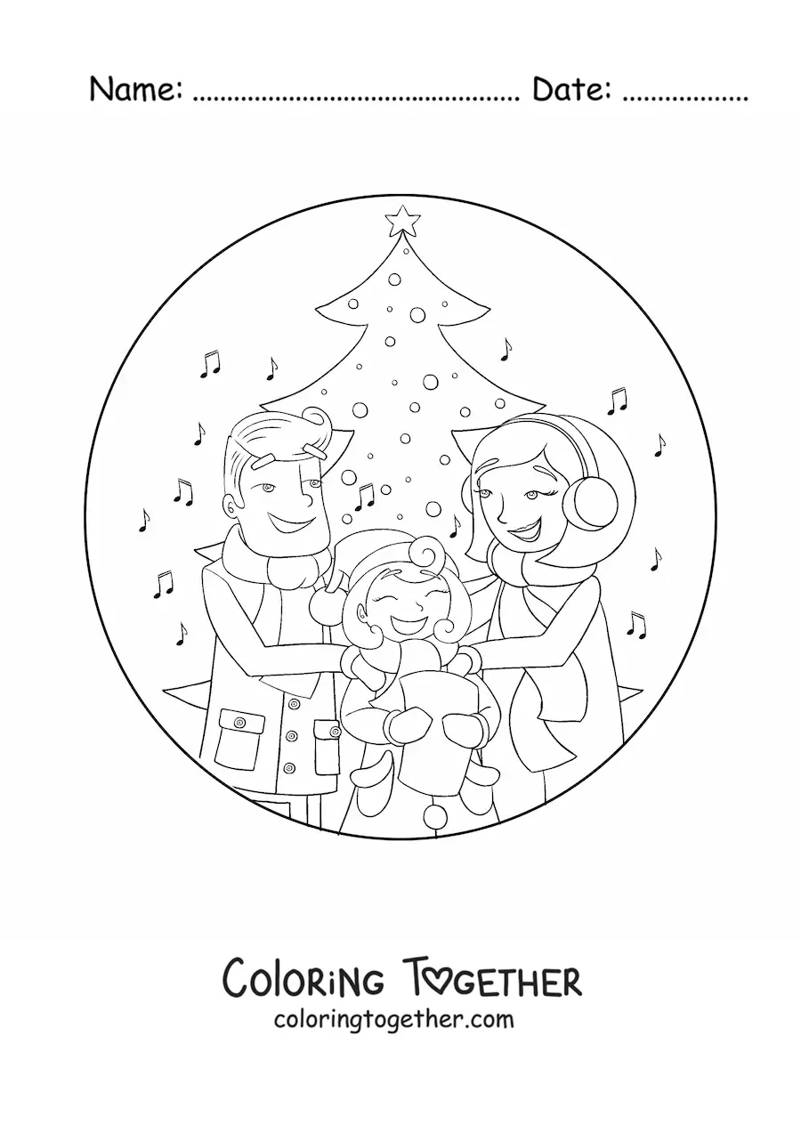 Coloring page of a family singing Christmas carols