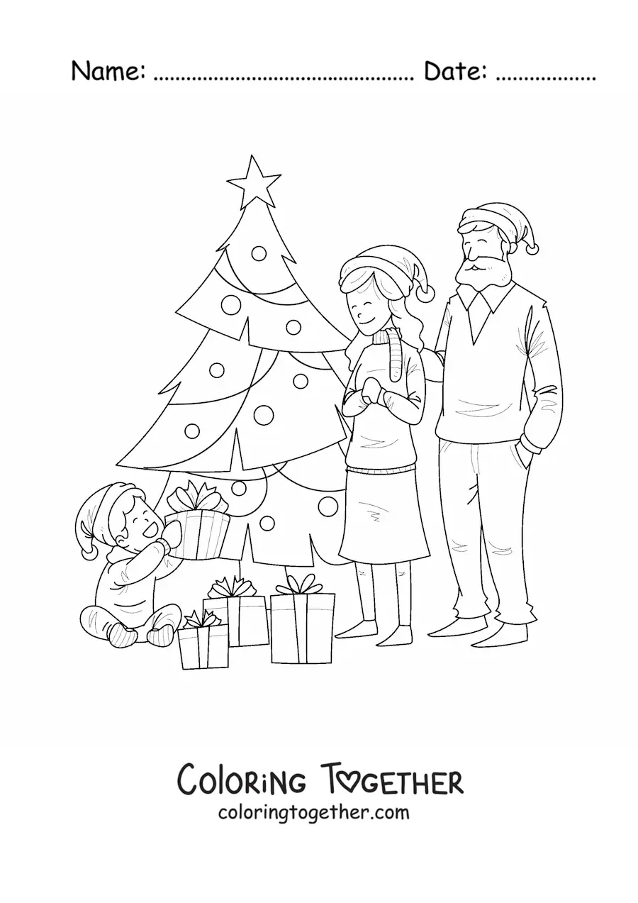 Coloring page of a family with a boy by the Christmas tree with gifts