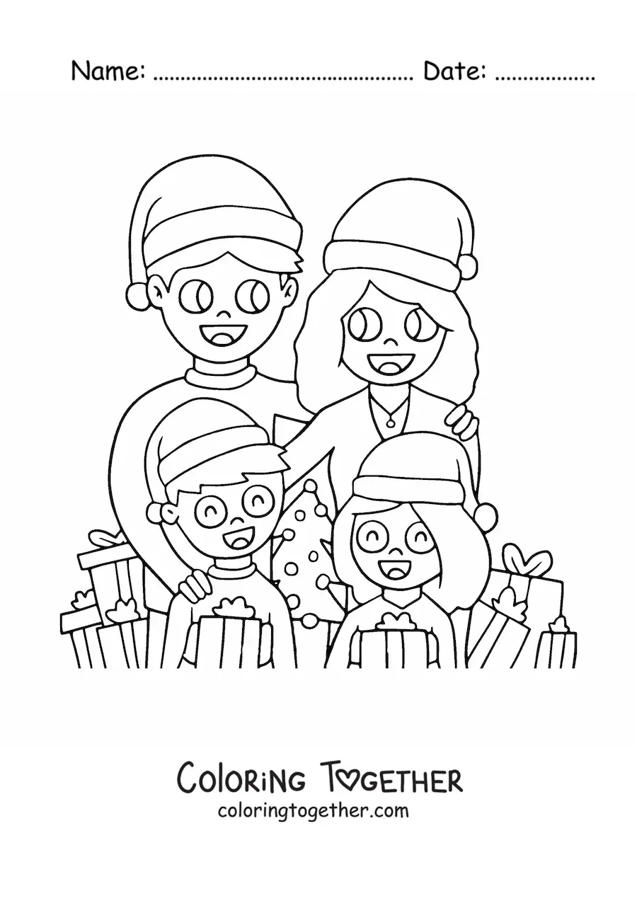 Coloring page of a family of 4 together at Christmas