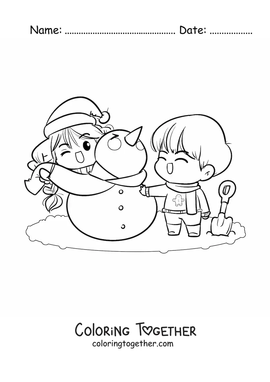 Coloring page of a couple building a snowman