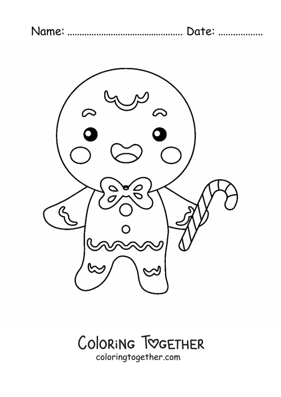 Coloring page of a kawaii gingerbread man with a candy cane