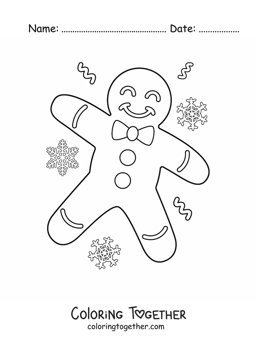 Coloring page of a big gingerbread man with snowflakes