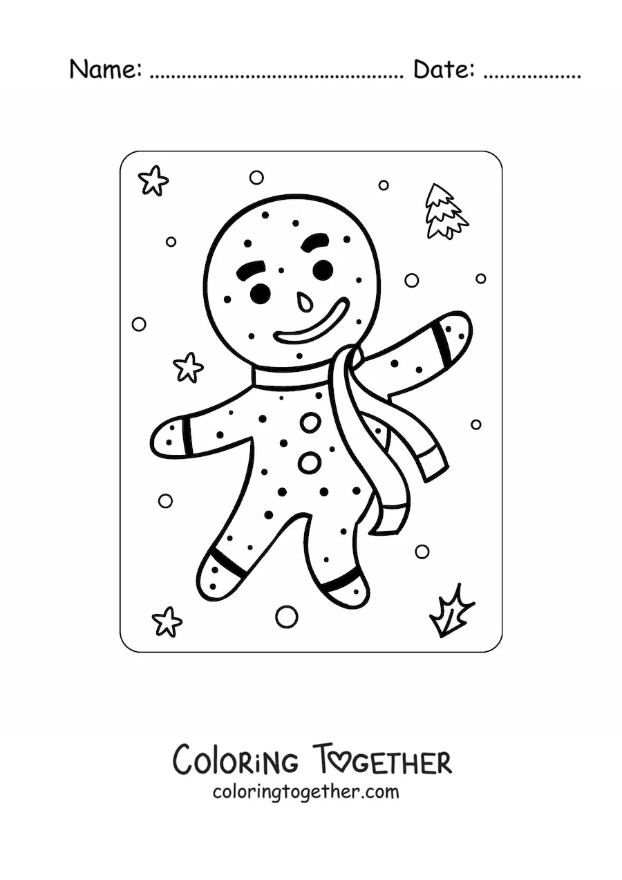Coloring page of a cartoon gingerbread man with a scarf