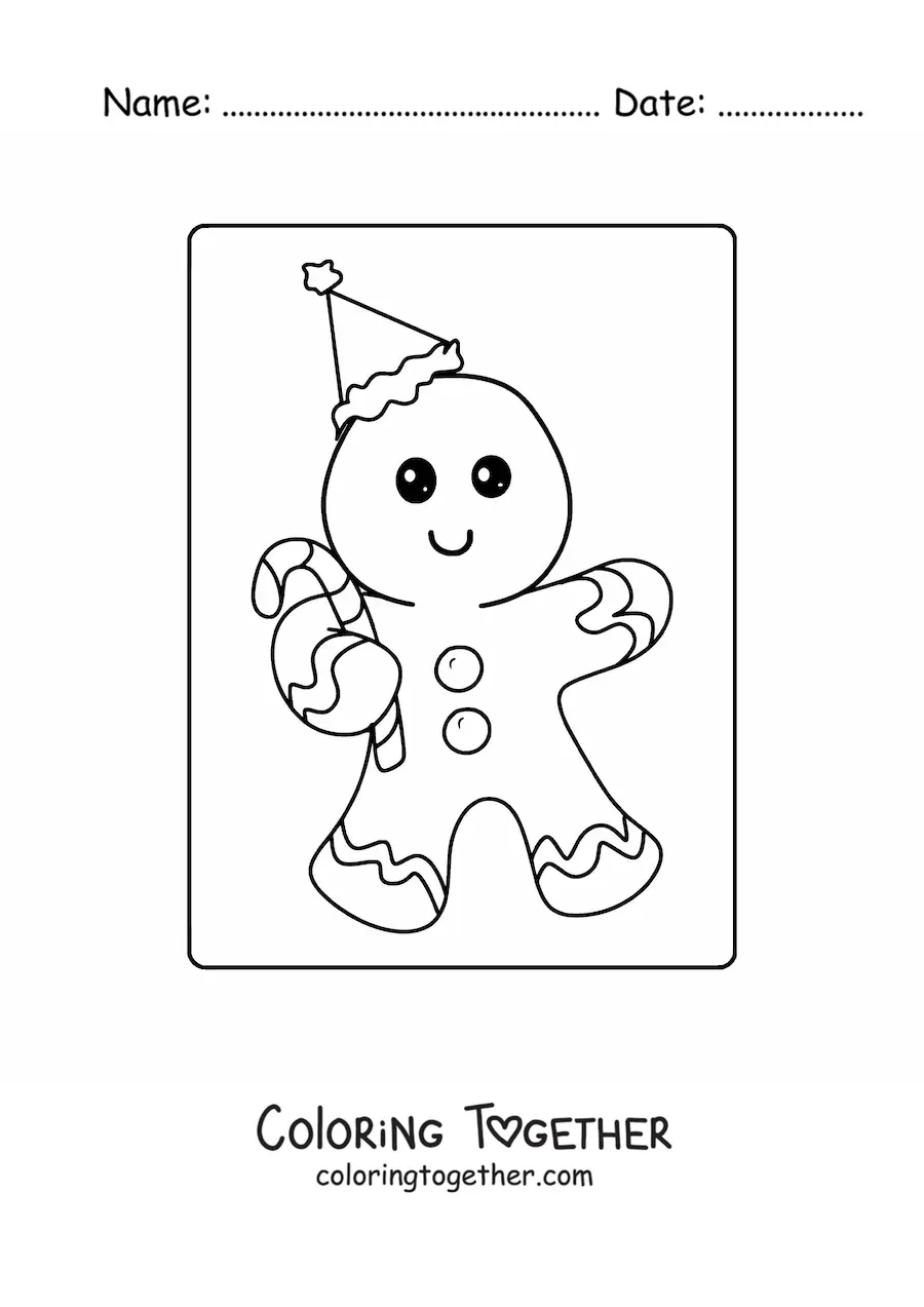 Coloring page of a cartoon gingerbread man with a candy cane