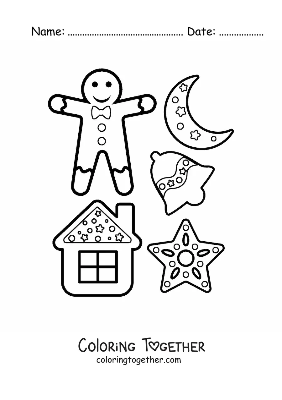 Coloring page of a gingerbread man with gingerbread cookies
