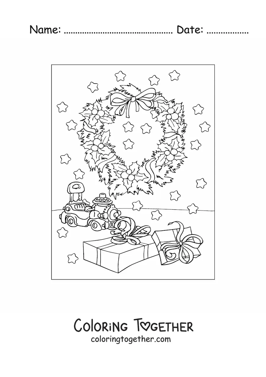 Coloring page of a Christmas wreath with gifts