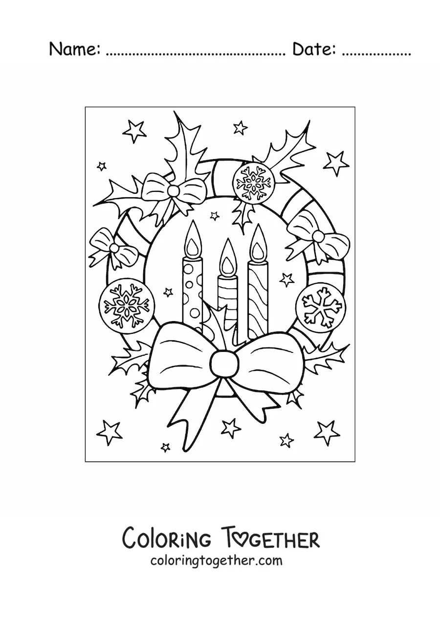 Coloring page of a Christmas wreath with candles