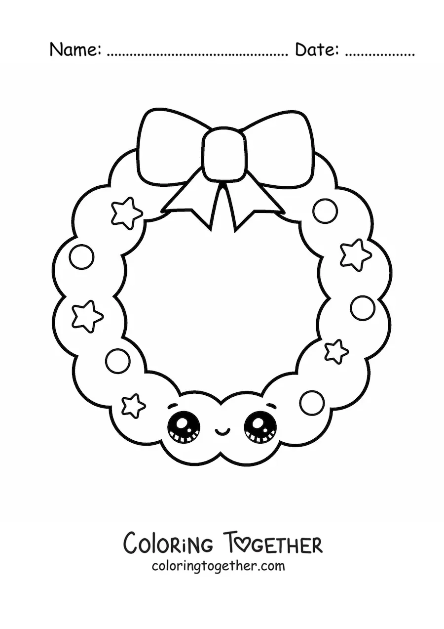 Coloring page of a kawaii Christmas wreath