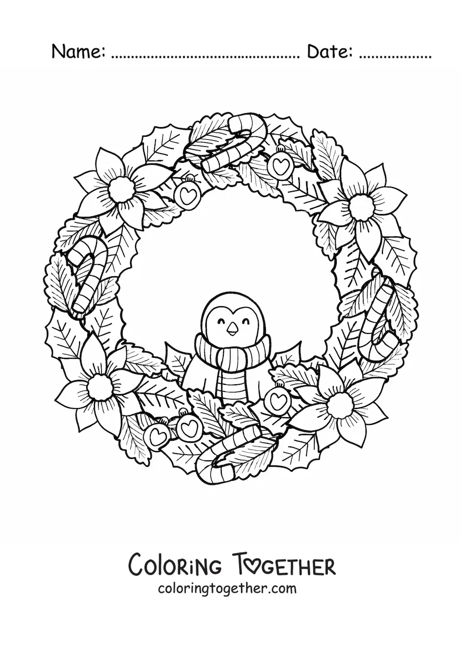 Coloring page of a Christmas wreath with a kawaii penguin and flowers